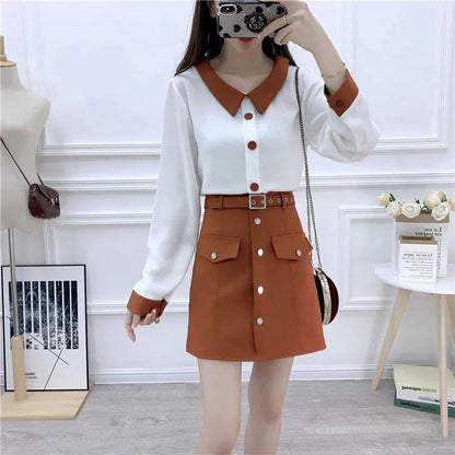 Women's Long-sleeved Chiffon Shirt High-waisted A-line Skirt 2 Pieces Set Spring Summer Splicing Color Breathable Cool Short Skirt Suit