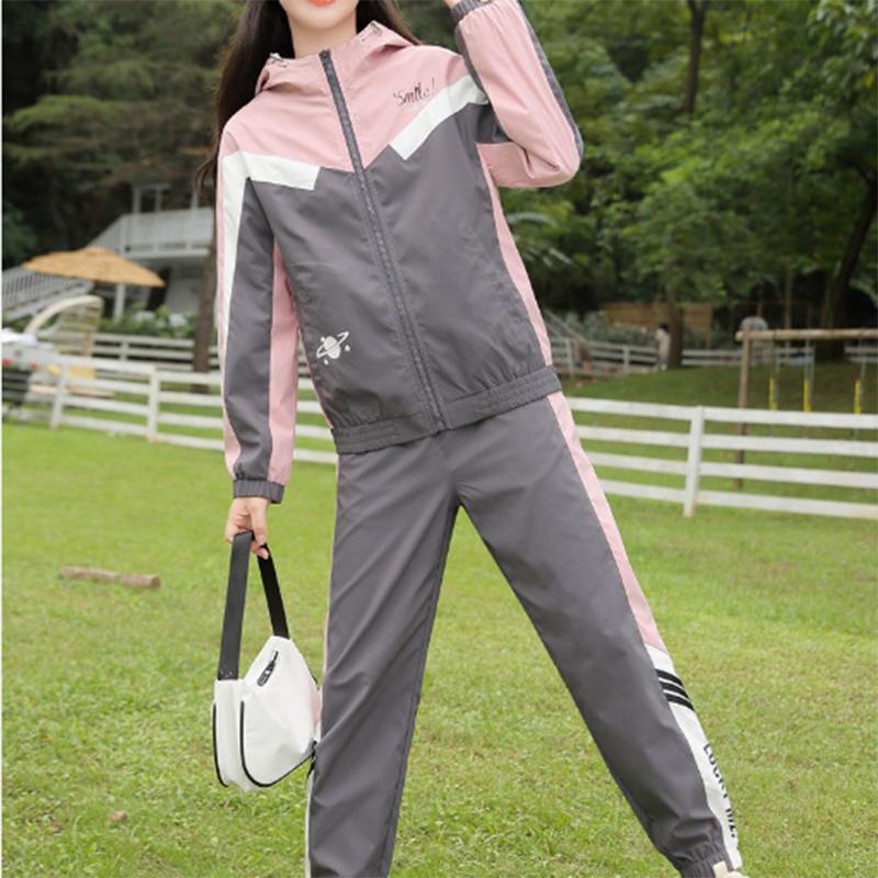 Spring and Autumn Student Casual Zipper Sportswear Suit Girls with Hood Loose Windbreaker Jacket Two-piece Sportswear