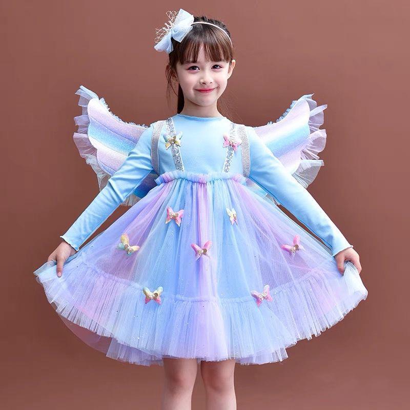 Girls Rainbow Dress Little Girl Princess Dress Short-sleeved Fairy Dress Summer Dress Birthday Dress