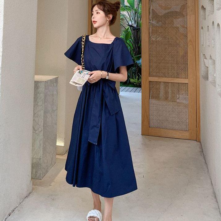 Female Plus Size Bubble Sleeve Elegant Holiday Dress Summer Vintage Big Bow Slim Vacation Dress