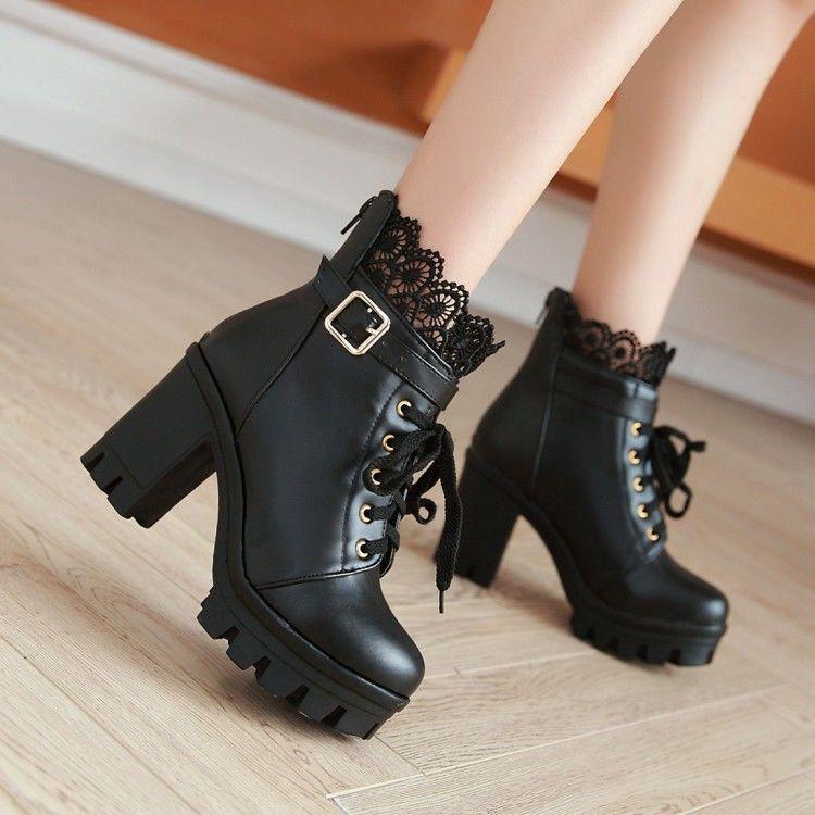 Martin Boots Waterproof Platform High-heeled Boots Lace Autumn and Winter Women's Shoes Boots Botas