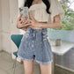 Denim Shorts Women's Spring/Summer High Waist Fashion Lace Up Wide Leg Pants A-Line Shorts