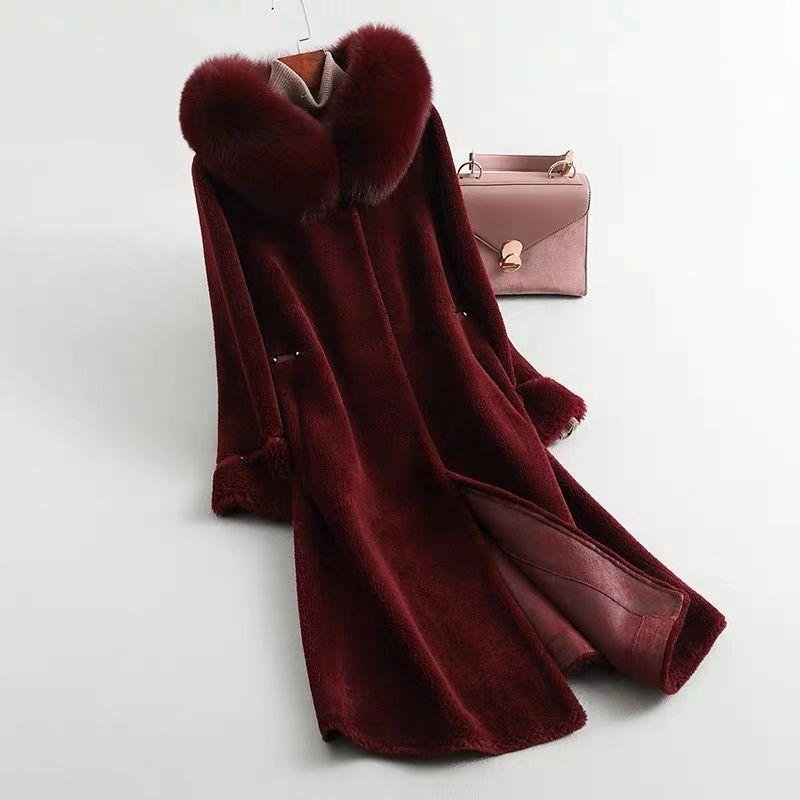 100% Cashmere Overcoat Women's Long Fur Coat Hooded Plus Size Wool Trench Coat with Fox Fur Collar