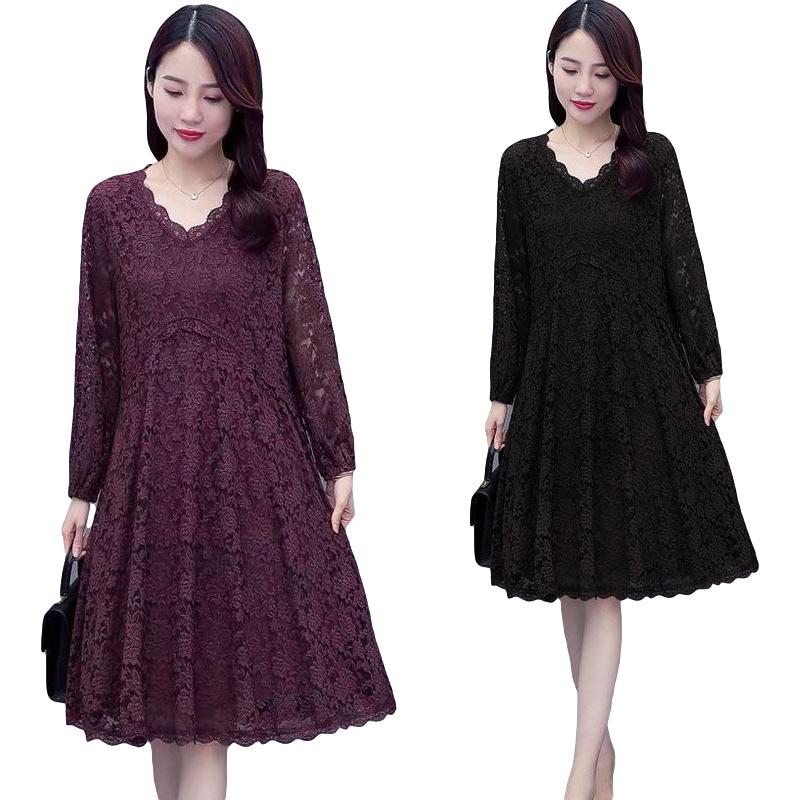 Spring Summer Women's Plus Size Lace Dress Mid-length Long-sleeved A-line Skirt All-match V-neck Women's Dress