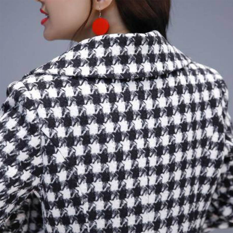 Black and White Plaid Woolen Coat Women's Mid-length Slim Temperament Coat Double-sided