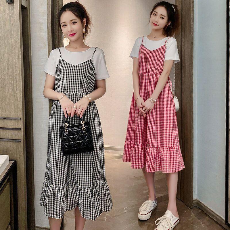 Maternity Clothes Short Sleeve Dress Mid-length Black Lace Loose Plus Size Mesh Round Neck Splicing Ruffle Skirt