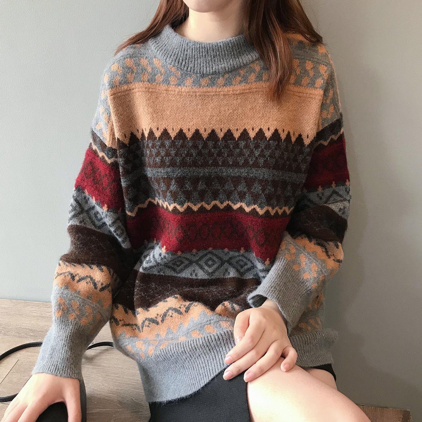 Vintage Geometric Pattern printed Sweater Women Loose Casual Pullover Sweater Top Students All-match Knitwear Outer Wear