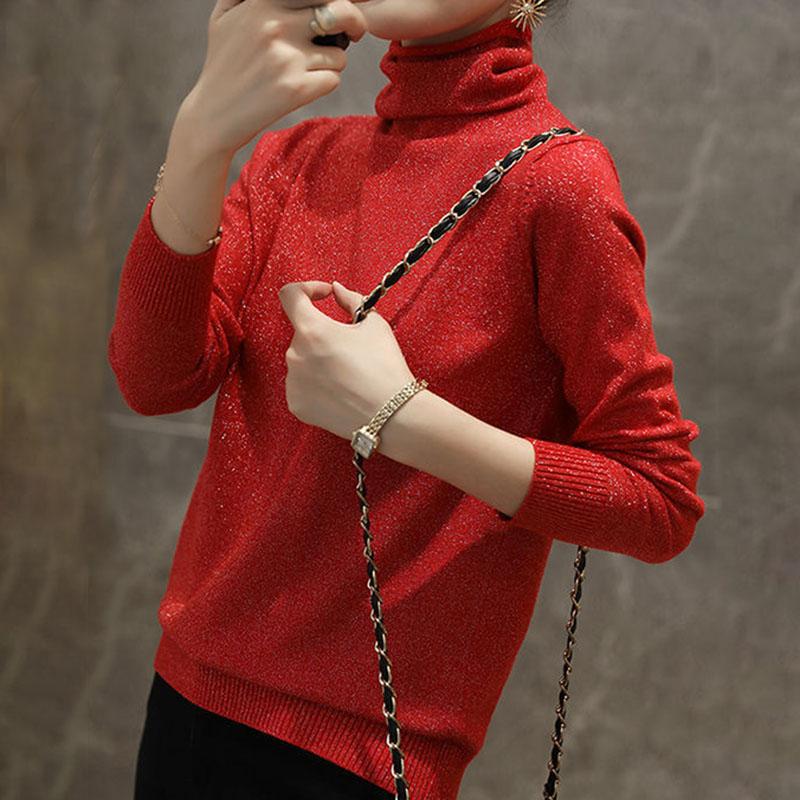Women Solid Shiny Lurex Sweaters Autumn Winter ladies Long Sleeve Pullover Tops Heaps Collar knit Sweater