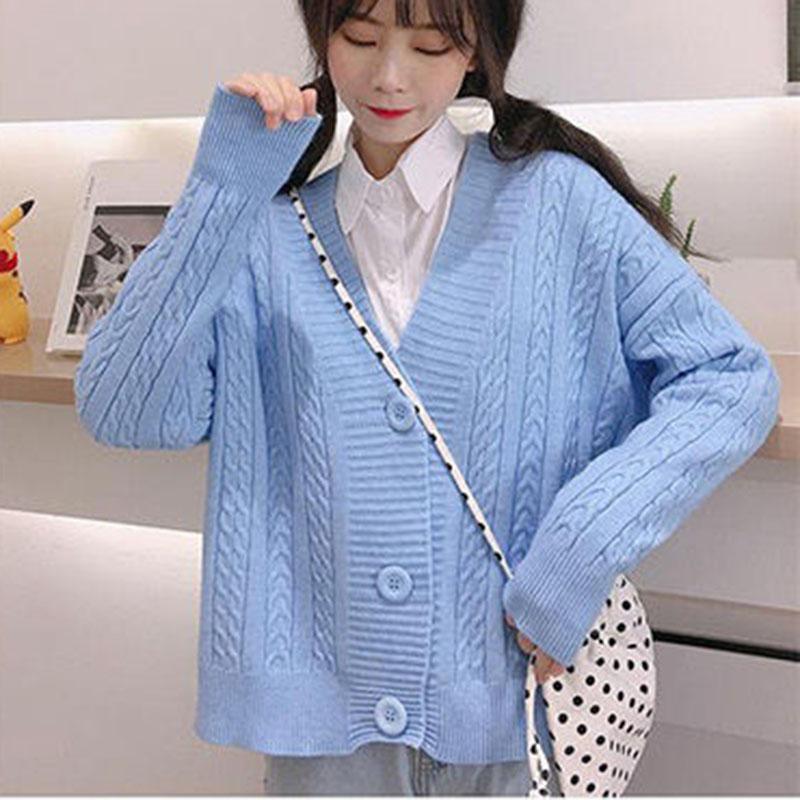 Spring and Autumn Knitted Loose Sweater All-match Long-sleeved Cardigan Sweater Fashion Solid Color Female Jacket