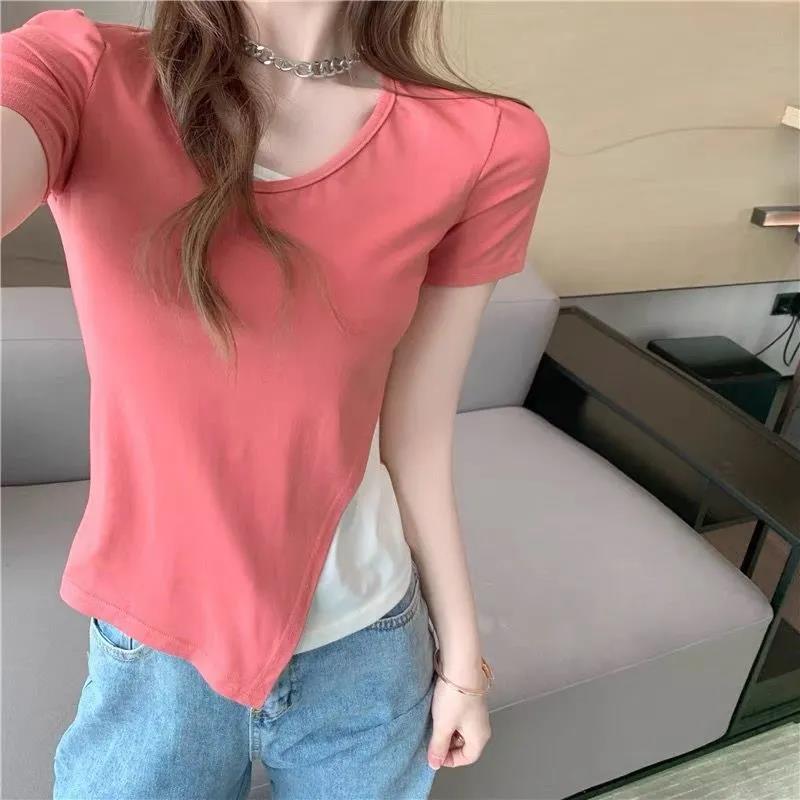 Women's Fashion Solid Color Summer Casual Slim  Round Neck Half Sleeve Asymmetry Short T-shirt