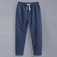 Men's Summer Linen Ninth Pants Loose Straight Casual Trousers Thin Cotton Linen Pants Youth Sweatpants Adjustable Elastic Waist Pants