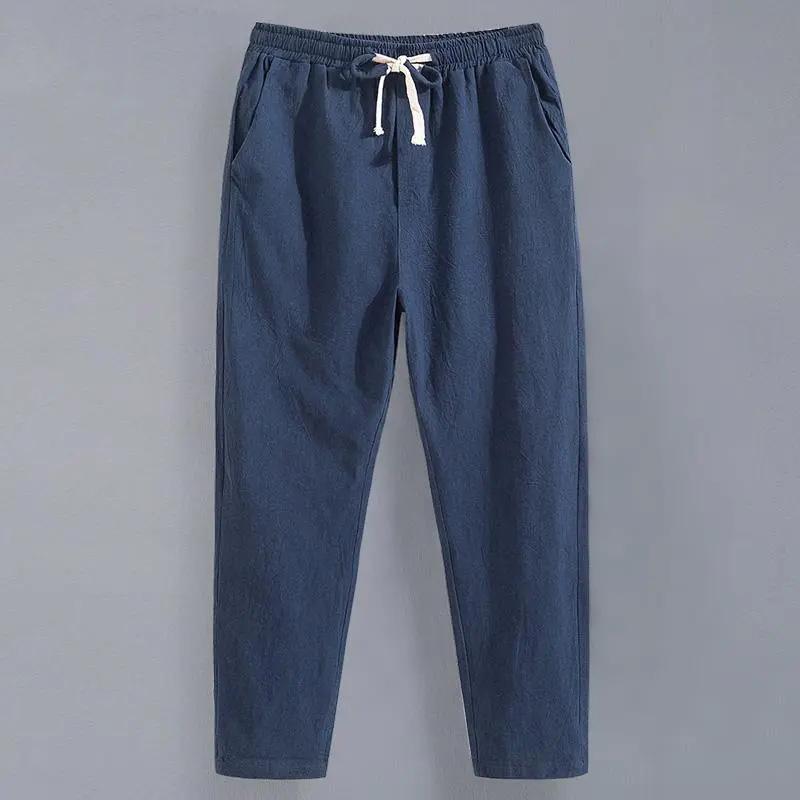Men's Summer Linen Ninth Pants Loose Straight Casual Trousers Thin Cotton Linen Pants Youth Sweatpants Adjustable Elastic Waist Pants