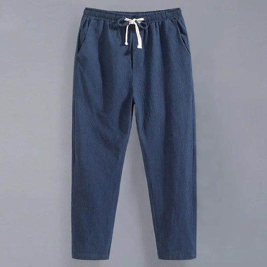 Men's Summer Linen Ninth Pants Loose Straight Casual Trousers Thin Cotton Linen Pants Youth Sweatpants Adjustable Elastic Waist Pants