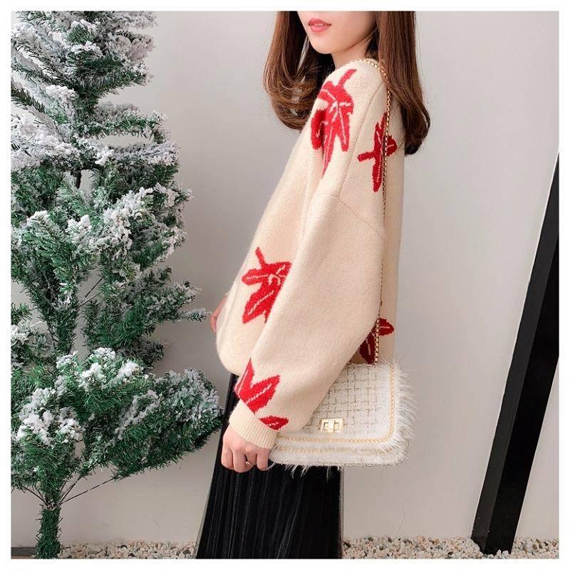 Autumn and Winter Knitted Maple Leaves Pattern Sweater Thickened Round Neck Loose Sweater