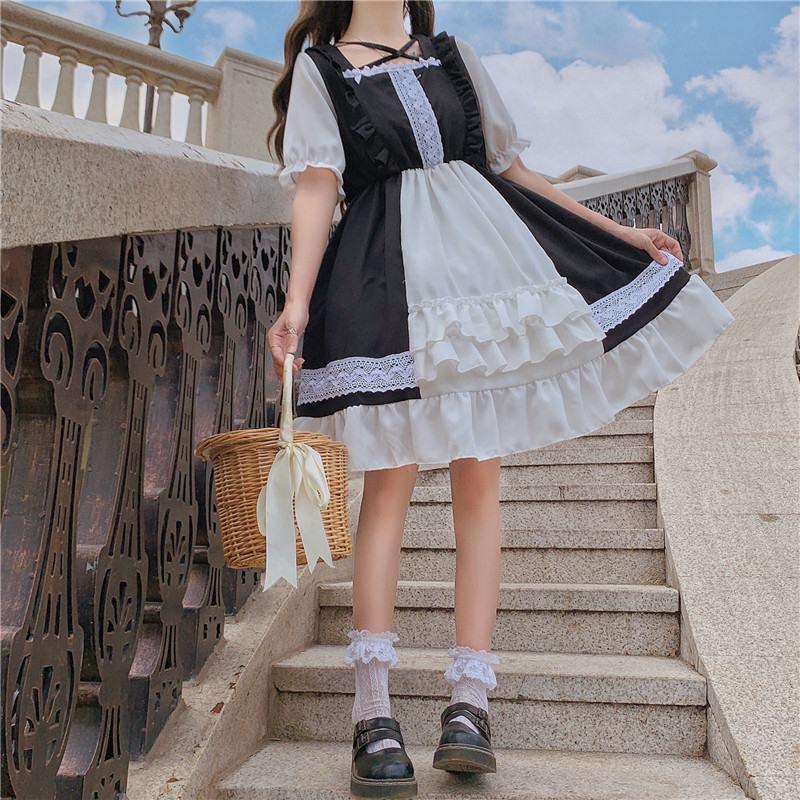 Girl Cosplay Dress Lolita Style Puff Sleeve Bandage Sweet Sailor Collar Lace Dress Kawaii Ruffles Dress