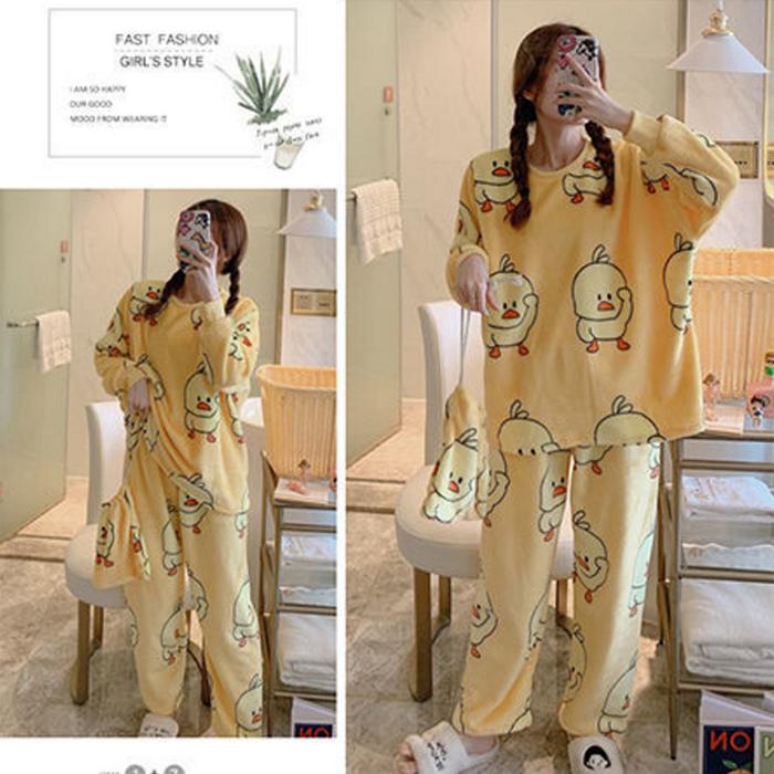 Women's Autumn and Winter Coral Velvet Thick Pajamas Flannel Plus Velvet Outer Wear Home Service Suit