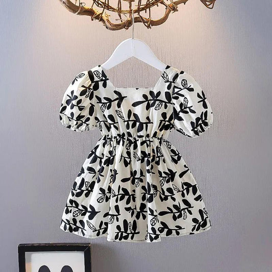 Girls Princess Dress Summer Thin Children's Bow Puff Sleeves Sweet Waist Dress Cute Two-Wear A-line Skirt
