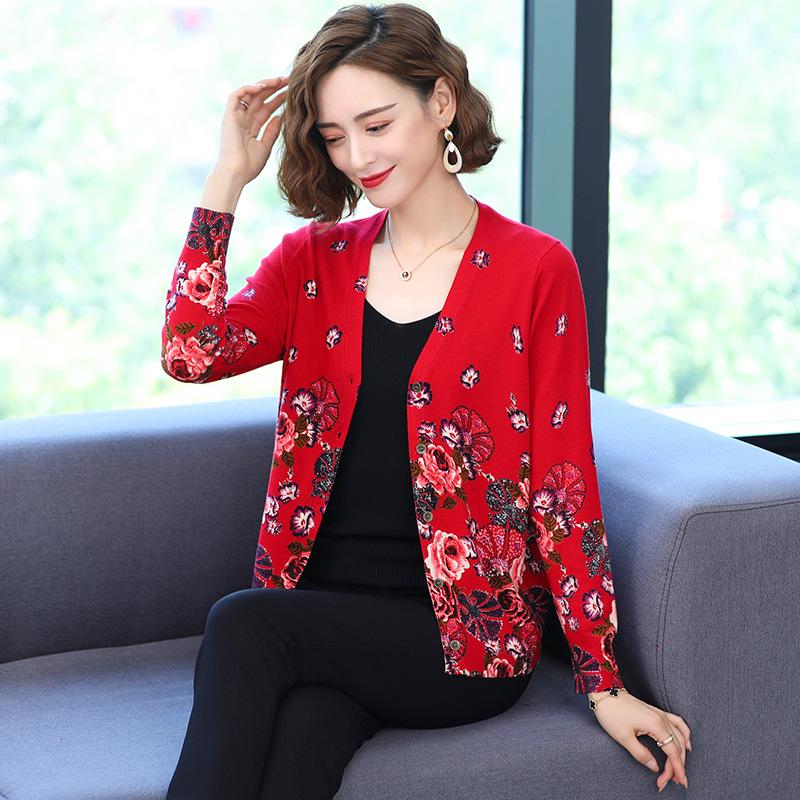 Vintage Print Knit Sweater V-neck Cardigan Sweater Ladies Loose Plus Size Wool Knit Sweater Coat Top