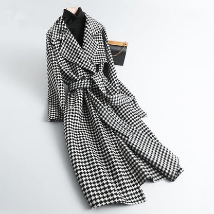 Autumn and Winter Thick Woolen Coat Loose Houndstooth Woolen Coat Women's Mid-length Warm Coat Ladies Temperament Coat