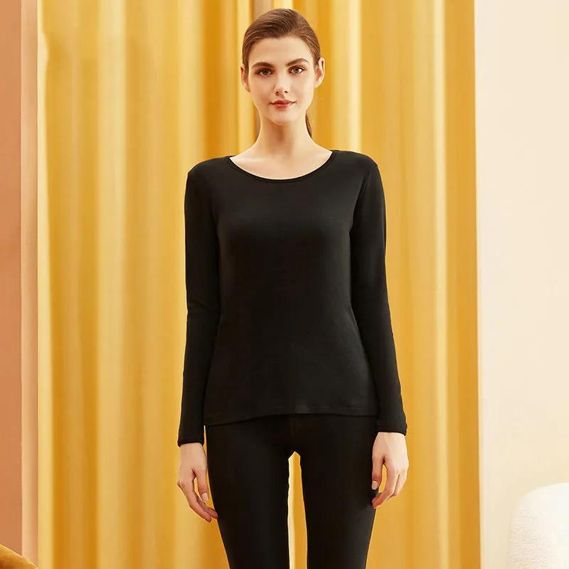 Women's Long Sleeve Cotton Thermal Underwear Round Neck Solid Color Bottoming Pajama Set Slim Fit Elastic Pants Two Piece Set Sleeping Suit