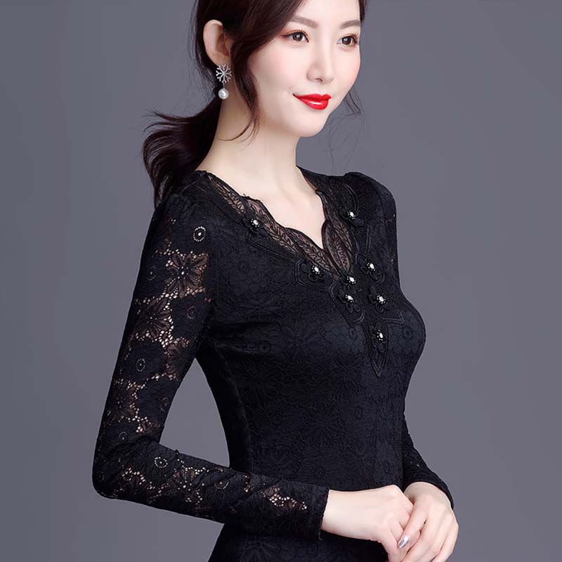 Women's Spring and Autumn Lace Round Neck Bottoming Shirt  Long Sleeve Low Neck Top