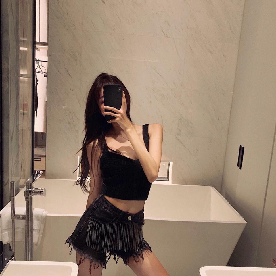 Summer Dress Hong Kong Style Chain Tassel Black Loose and Thin High Waist Student Denim Shorts Women