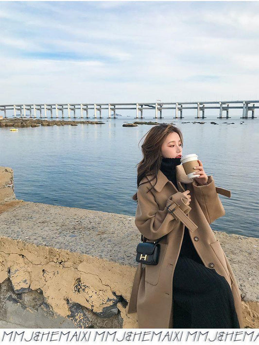 Hepburn Style Woolen Coat Women's Mid-length Winter Korean Style Loose Over-the-knee Japanese Woolen Coat