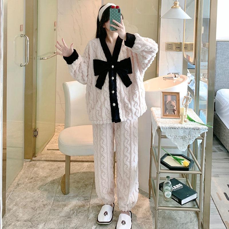 Women's Pajamas Suit Coral Fleece Pyjamas Set Flannel Sleepwear Winter Warm Homewear Long Sleeve Tops and Pants Sets Bow Cute Sweet Girls Nightwear