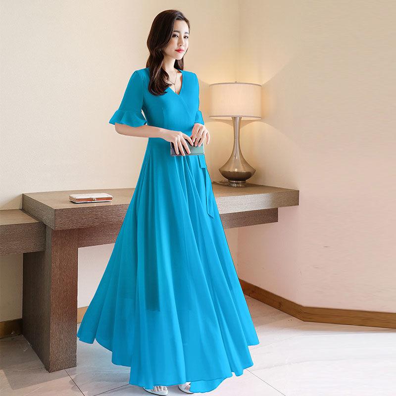 Chiffon Dress Spring and Autumn Chiffon Short-sleeved Dress Female Temperament Slim Slimming Long Skirt Female Plus Size Dance Skirt