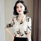 V-neck Shirt Women's Short-sleeved Summer Print Slim Shirt Loose Satin Shirt Temperament Elegant Suit with Shirt Inside
