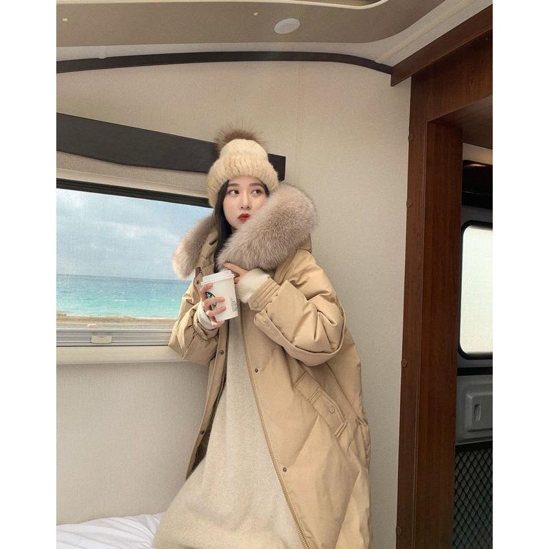 Down Jacket Women's Mid-length White Duck Down Korean Style Loose Over-the-knee Jacket Design Sense of Winter Big Fur Collar Tide