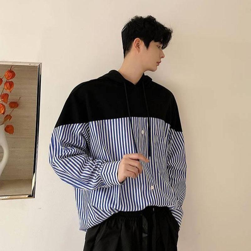 Spring and Autumn Sweater Men's Hong Kong Style Loose Casual Long Sleeve Cardigan Trend Student Versatile Striped Hooded Jacket