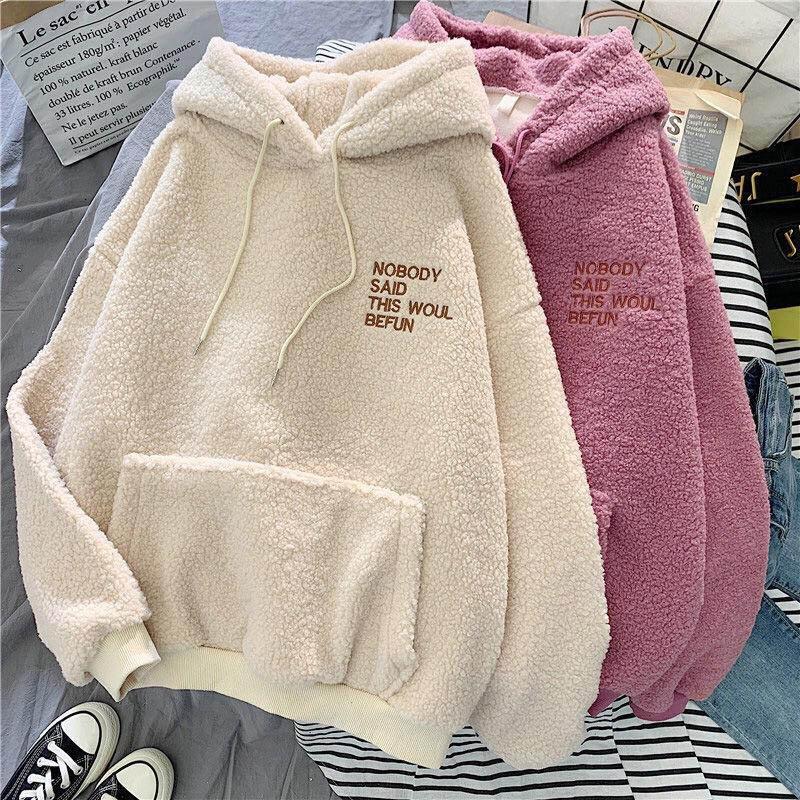 Winter Plus Velvet Thick Lamb Wool Sweater Women's Embroidered Hooded Student Jacket Loose Mid-length Warm Velvet Top