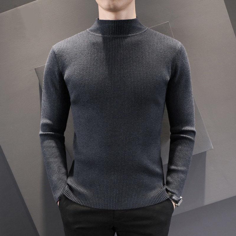 Men's Half Turtleneck Sweater Men's Thick Autumn and Winter Slim Sweater Korean Casual Pullover Mid-neck Knitted Bottoming Shirt