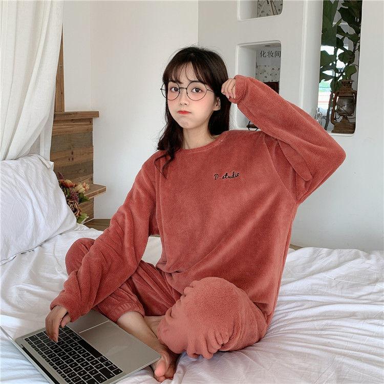 Women's Winter Thickening Plus Velvet Warm Coral Velvet Pajamas Loose Home Couple Suit