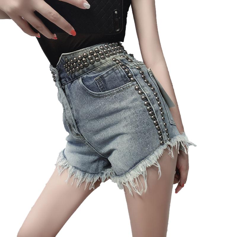WTEMPO Women Burrs Rivet High Waist Zipper Denim Shorts Loose Spring and Summe Casual Shorts