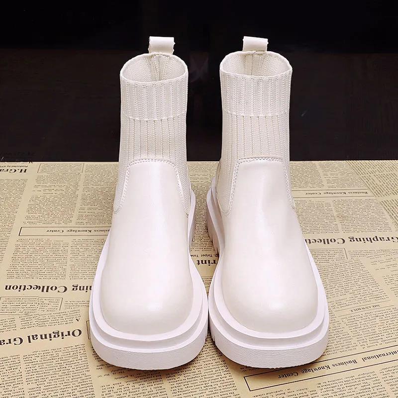 Autumn and Winter Black Short Boots Women Retro Elastic Socks Boots Leather Boots Martin Boots Women British Style Plush Boots