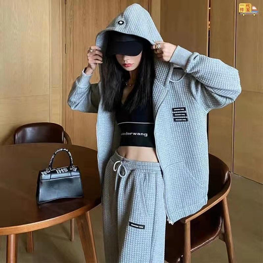 Waffle Hooded Jacket + Leggings Pants Two-piece Sports Leisure Spring and Autumn Thin Sweater Suit Cardigans for Women Girls Athletic Clothing