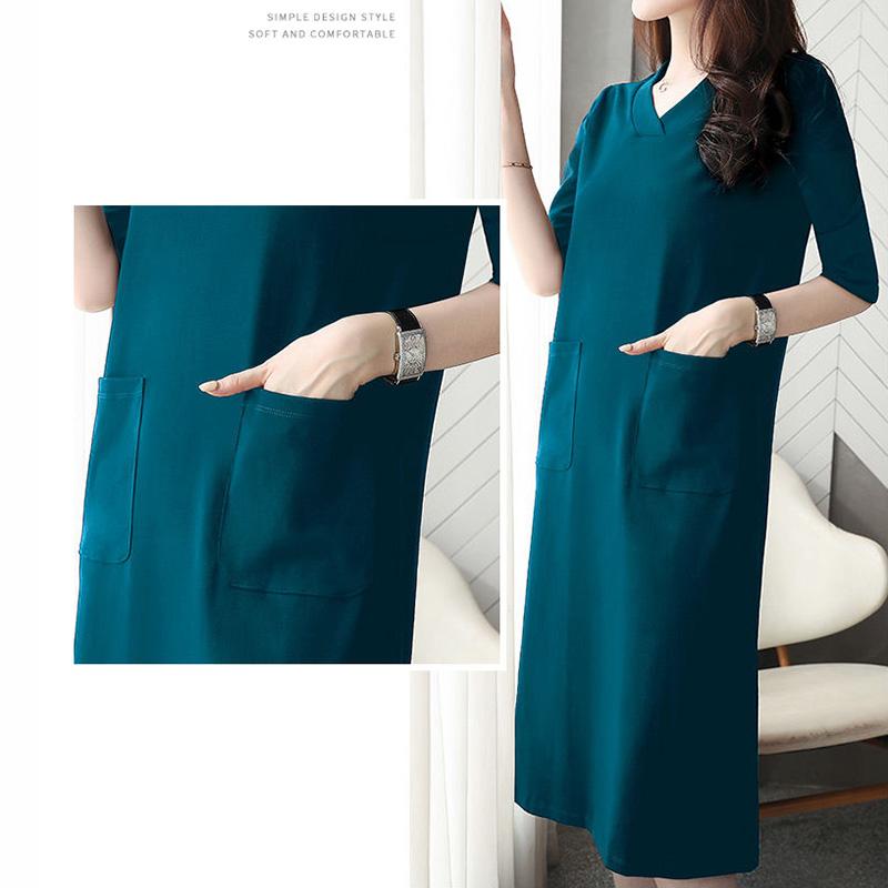 Ladies Dress Solid Color Five-quarter Sleeves Spring and Summer V-neck Large Pockets Pure Cotton Sweat-absorbing Soft and Comfortable