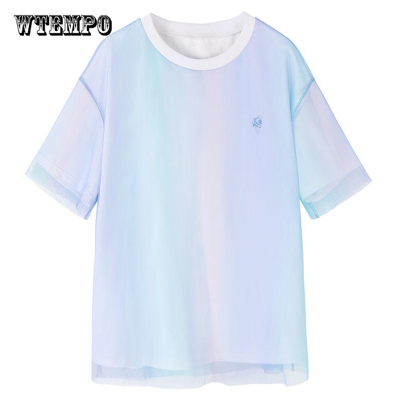 Women's  Fashion Loose Bf Trend Large Mesh Stitching Fake Two Pieces T-shirt Summer