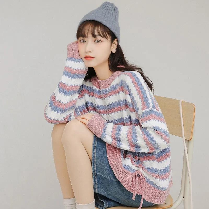 Autumn Winter Women Stripe Knitting Sweaters Korean O-Neck Loose Casual Jumpers Long Sleeve Pullover Tops Girls Sweet Warm Sweater Soft Knitwear Coat
