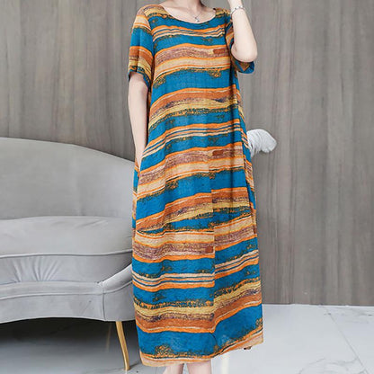 Women's Summer Loose Dress Large Size Young Cover Belly Look Thin Striped Mid-length Skirt Pocket  Loose