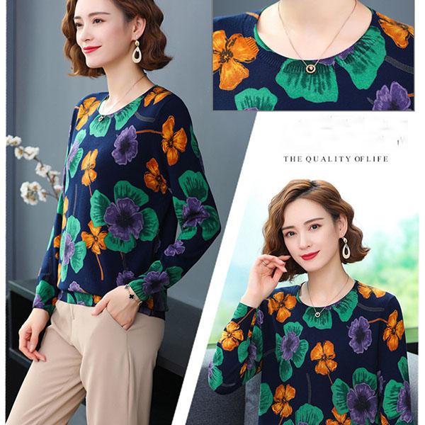 Autumn Winter Women's Knitted Sweater Flower Print Fashion Long-sleeved Sweater Retro Temperament Trend