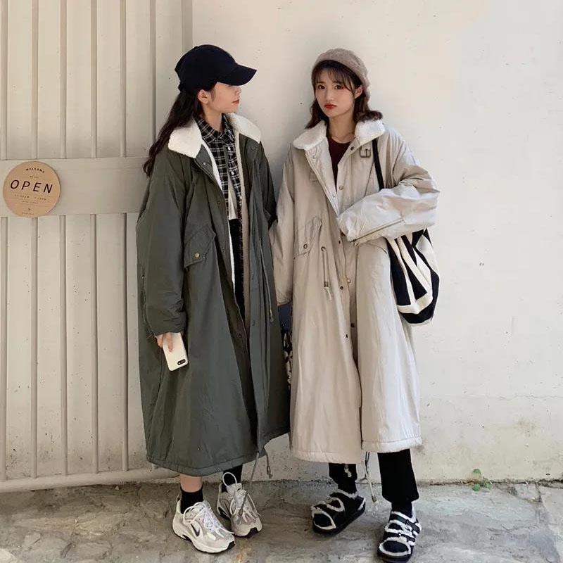 Ladies Lamb Wool Tooling Jacket Hong Kong Style Loose Quilted Jacket Over The Knee Loose Parkas