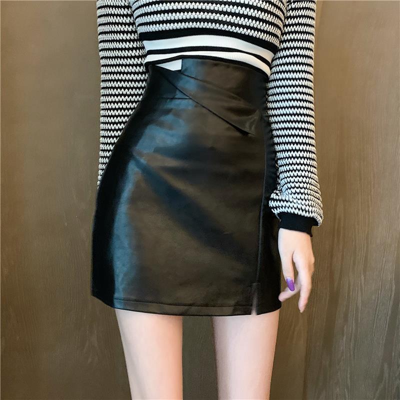 Women's Sexy Leather Skirt Glossy PU leather short Solid zipper Split A-line Skirts