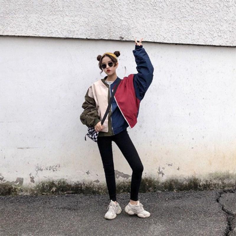 Spring and Autumn Baseball Uniform Women's Sports Zipper Loose All-match Short Jacket Student Casual Jacket Top Fake Two Pieces