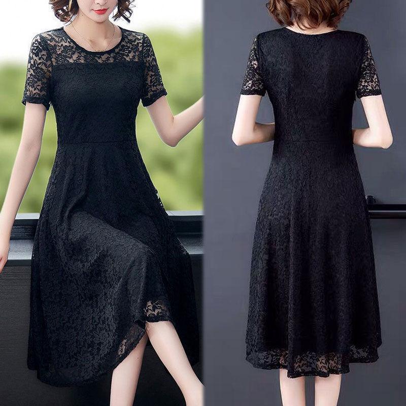 Women's Short-sleeved Lace Dress Loosely Cover Belly Look Thin Spring Summer Plus Size Temperament Women's Clothing