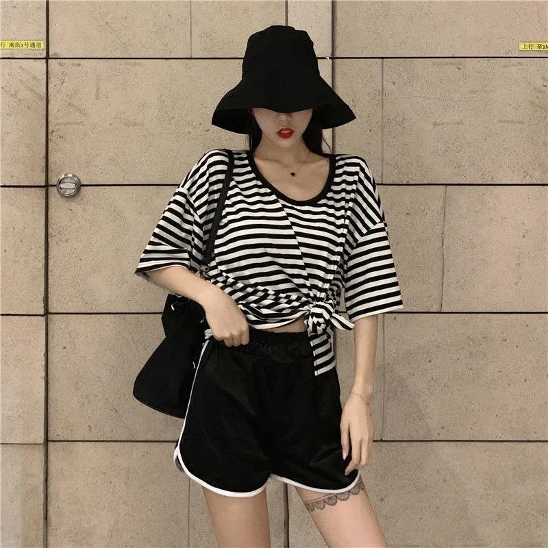 2PCS Women's Summer Sports Suits Casual Ins Fashion Home Wear Thin Short-sleeved Shorts Pajamas Striped Tracksuit Jogging Suit
