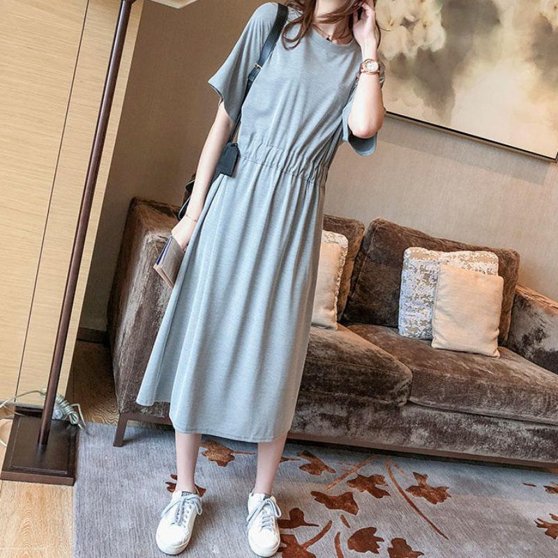 Dress Women's Spring Summer Long Loose Large Size T-shirt Skirt Bandage Waist Slimming Over-the-knee Dress