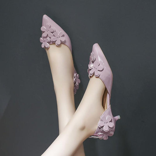 Korean Version  Sweet  Versatile Pointed Toe Single Shoes Women's High Heels 3cm Hollow Flower Low-heeled Small Stiletto Low-heeled Shoes